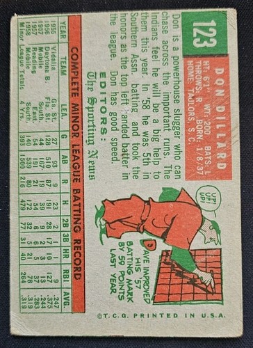 1959 Topps #123 Don Dillard Cleveland Indians - RC - Picture 2 of 2