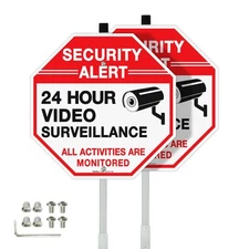 Security Sign Video Surveillance Sign with 36" Stake for Outside, 2-Pack 12"x...