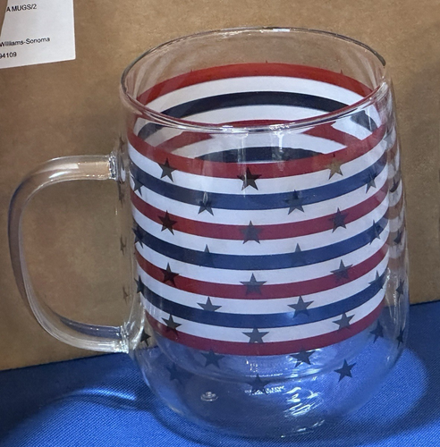 NUOVISSIMA ~ 1 tazza Williams Sonoma Americana doppia parete vetro BANDIERA ~ 4 luglio - Foto 1 di 4