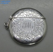 ANTIQUE NICE SOLID STERLING SILVER ROUND VESTA CASE 19g 4.5CM DIAMETER BIRM 1905