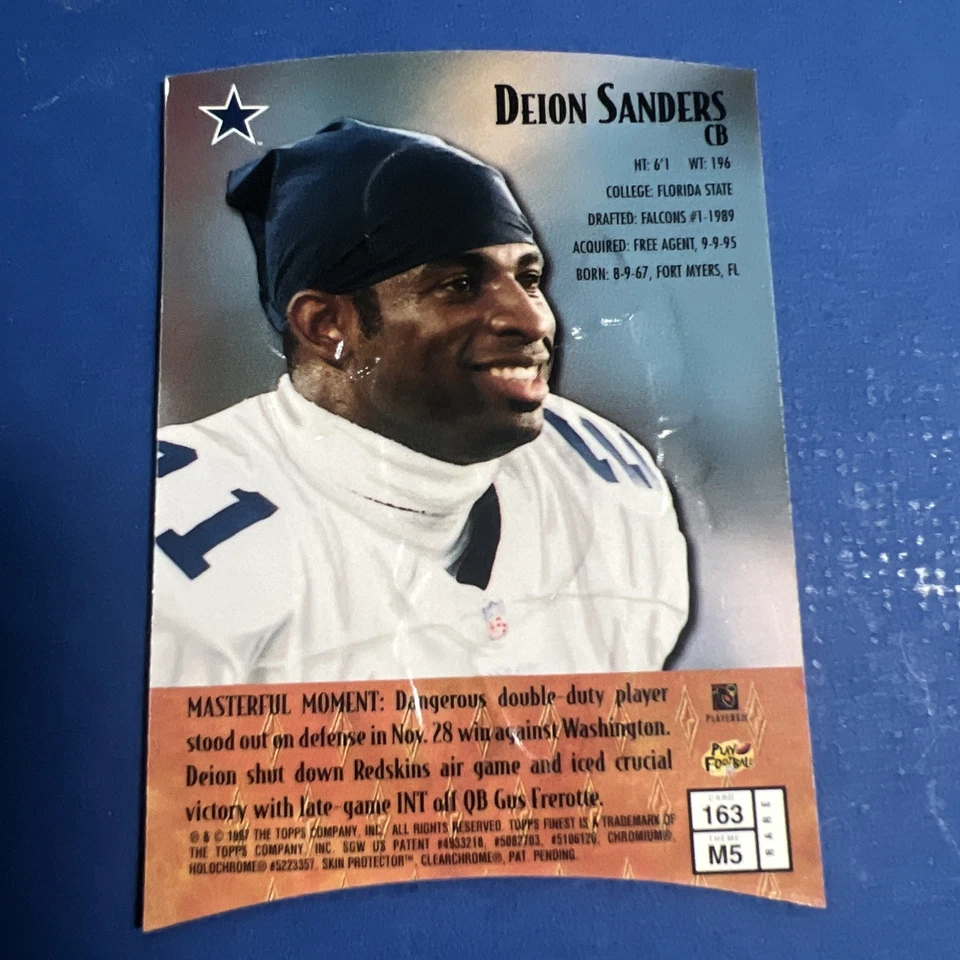 1997 Topps Finest Embossed Die Cut Deion Sanders #163 Dallas Cowboys Rare Gold - Image 2 of 2