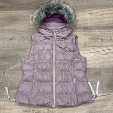 Eddie Bauer Puffer Vest Womens Hooded Fur Size L Down Filled Hiking Outdoors