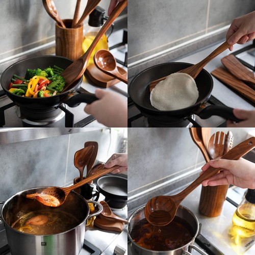 Teak Wooden Utensil Set with Holder, Spoon Rest & Hooks - Durable Wooden Spoo... - Picture 8 of 8