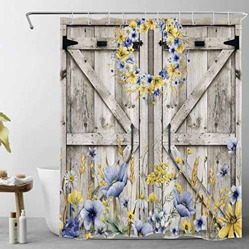 Farmhouse Barn Door Shower Curtain for Bathroom,Blue and Yellow Floral Wreath - Picture 1 of 7
