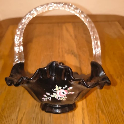 Fenton Basket Black  Art Glass Hand Painted  Accent Twist Handle Ruffle Signed