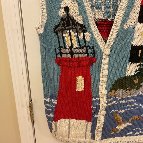 Eagles Eye Knit Cardigan Sweater Vest Large Nautical Ocean Seagull Lighthouse - Picture 4 of 11