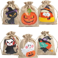 DERAYEE Halloween Burlap Treat Bags with Drawstrings, 6"x 8" Gift Candy Bags Goo