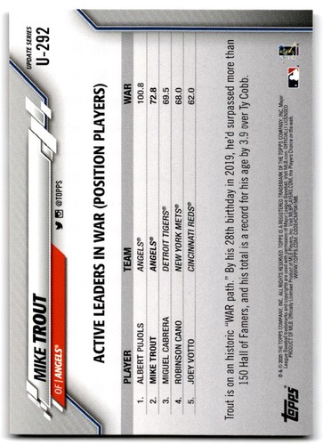 2020 Topps Update Mike Trout Los Angeles Angels #U-292 - Picture 2 of 2