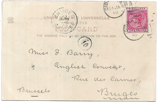 GIBRALTAR QUEEN VICTORIA 1d RED ON 1903 P/C TO BRUGES BELGIUM MY REF 4558