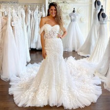 Off Shoulder Mermaid Wedding Dress Appliques Backless Court Train Bridal Gowns