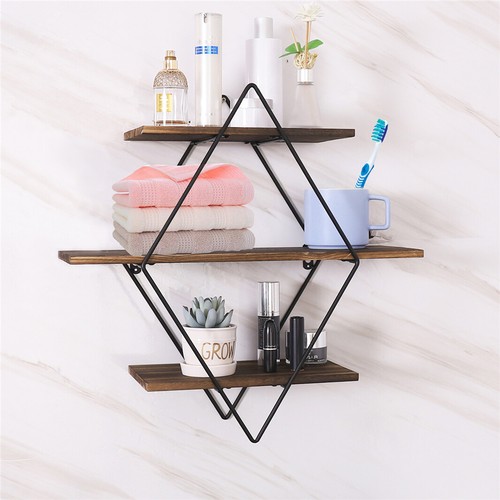 3 Tier Geometic Industrial Wall Mounted Shelf Rustic Iron Diamond Floating Shelf - Picture 3 of 14
