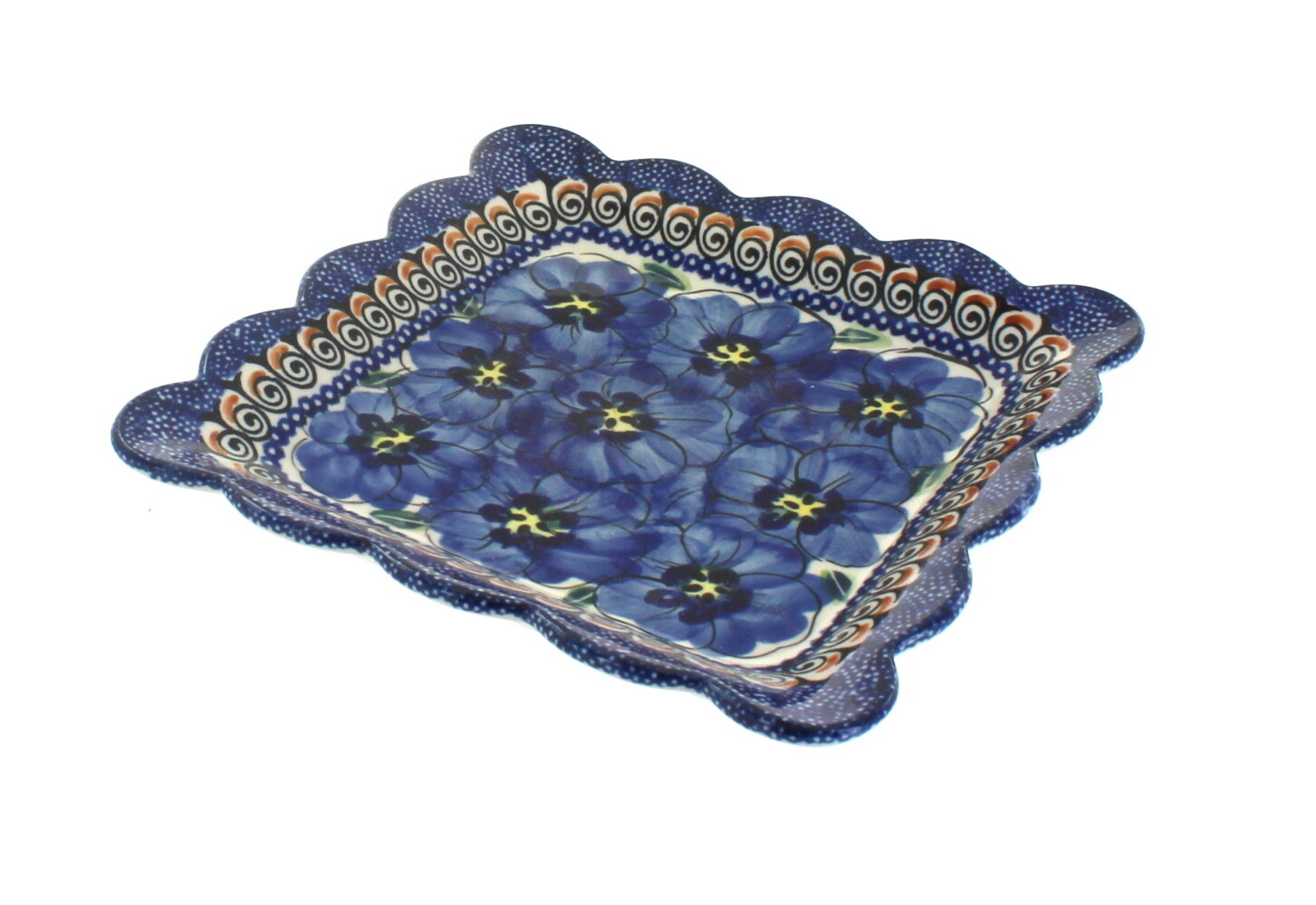 bluee pink Polish Pottery bluee Art Square Dessert Plate bluee pink Polish Pottery bluee Art Square Dessert Plate