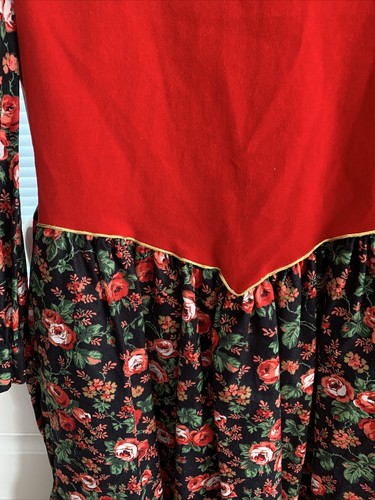 Vintage 80s Red Cotton Velvet Holiday Dress Prairie Style Tulip Sleeve 12 XS S - Picture 7 of 13