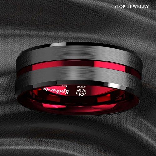 8/6mm Black Tungsten Carbide Thin Red Line Wedding Band Ring ATOP Men's Jewelry - Picture 3 of 14