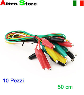 10 Cavi Connessione Pinze Coccodrillo Doppio Terminale 55cm Tester Circuiti