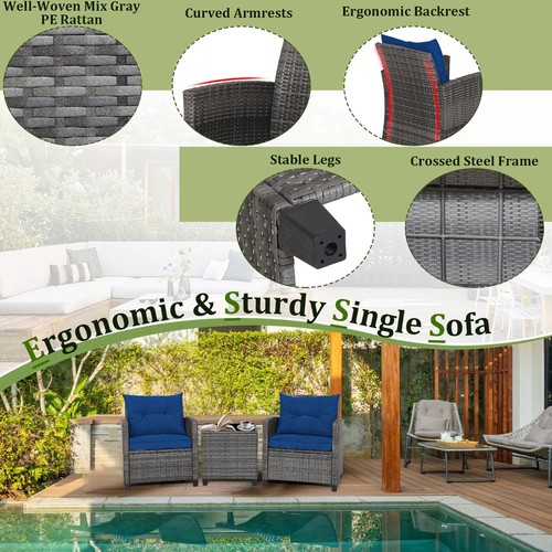 Gymax 3PCS Patio Rattan Conversation Sofa Set Outdoor Wicker With Glass Tabletop - Picture 6 of 10