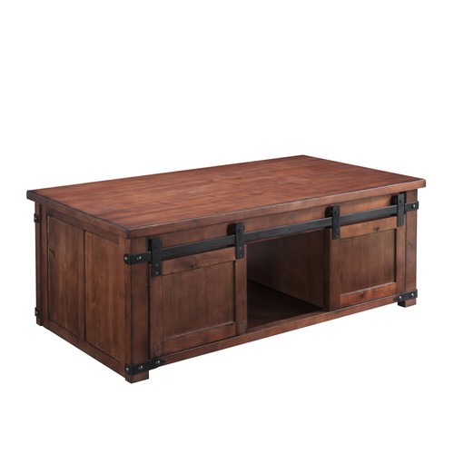Rustic Coffee Table w/ Storage Shelf Cabinets 4 Sliding Barn Doors Living Room - Picture 7 of 8