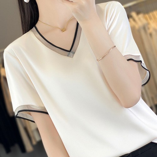 Women Satin Silk T-Shirt Short Sleeve Thin Lightweight V-Neck Loose Casual Tops - Bild 6 von 30