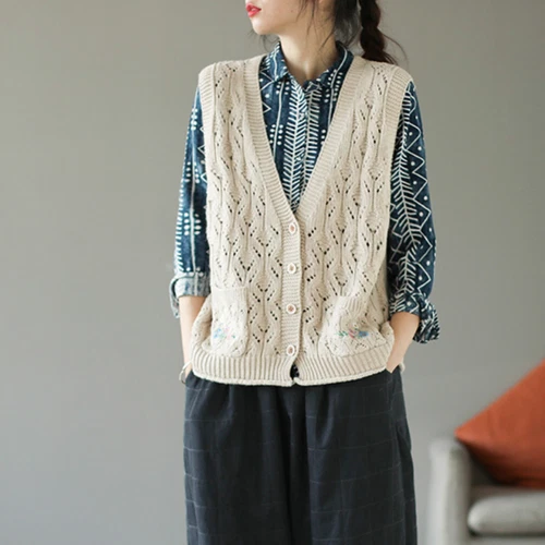 Women Knit Vest Hollow-out Tank Sleeveless Cardigan Gilet Embroidered Sweater - Picture 8 of 19