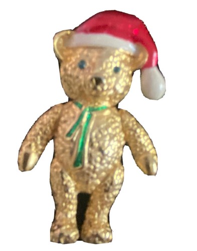 Spilla di Natale vintage AAI orsacchiotto spilla firmata Babbo Natale cappello sciarpa tono oro - Foto 11 di 12