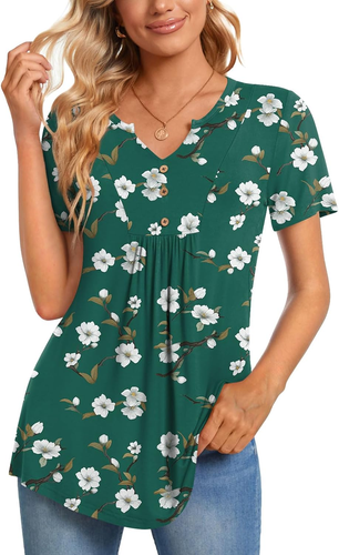 Womens Short Sleeve Tunic Tops Henley Shirt V Neck Button up Blouse Casual Pleat - Picture 7 of 12
