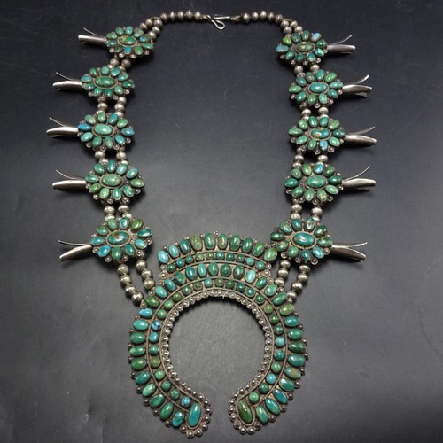 c1930s OLD PAWN Navajo TURQUOISE CLUSTER Sterling Silver SQUASH BLOSSOM NECKLACE - Picture 4 of 23