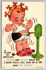Vintage Postcard Humor Funny Cartoon Baby Girl Trying to Lose Weight Linen