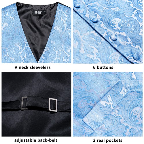 Mens Waistcoat Black Blue Red Paisley Dress Vest Neck Tie Hankie Set Suit Tuxedo - Picture 18 of 179