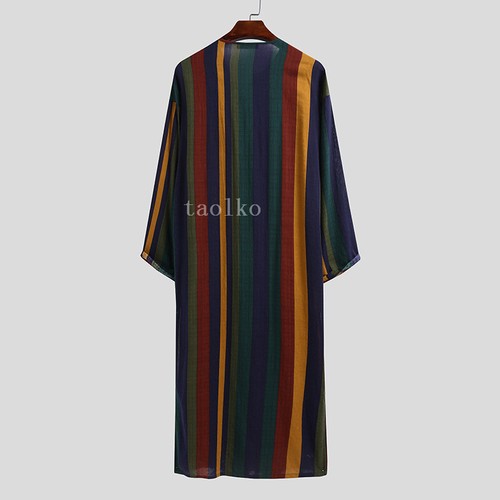 Mens Cotton Muslim Clothing Long Sleeve Islamic Saudi Arab Kaftan Robe Striped L - Picture 17 of 26