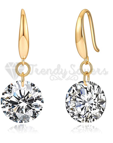 Yellow Gold/Clear 925 Sterling Silver Round Crystal Dangle Drop Earrings - Afbeelding 1 van 8