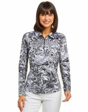 IBKUL Bamboo Garden Zip Polo Top XS S M L XL XX Long Sleeve Black White Golf NWT