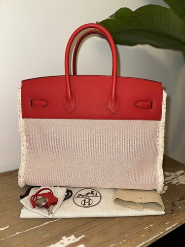 HERMES BIRKIN Bag *FRAY~FRAY* 35cm PHW Swift Leather Framboise Ecru Toile ~RARE! - Picture 6 of 22