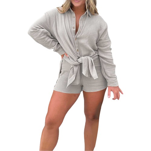 Women's 2 Piece Outfits Long Sleeve Button Down Shirts and Shorts Set Loungewear - Picture 13 of 53