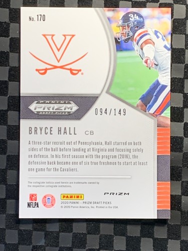 2020 Panini Prizm Draft Picks Neon Orange Prizm Bryce Hall RC Virginia 094/149 - Picture 4 of 4
