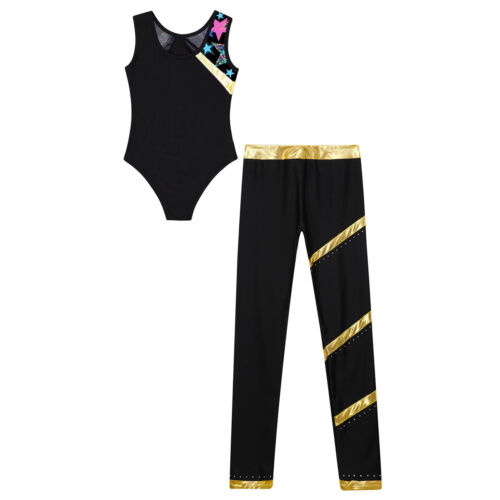 Kids Girls Set Skating Outfit Striped Leotard Training Pants Stage Dancewear - Picture 40 of 60