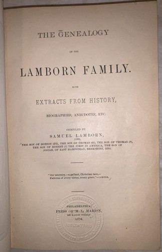 1894, 1st, GENEALOGY OF THE LAMBORN FAMILY WITH HISTORY, by SAMUEL LAMBORN - Picture 3 of 12