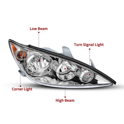 Headlights Assembly for 2005-2006 Toyota Camry Sedan Chrome Amber Headlamp 05-06 - Picture 3 of 9