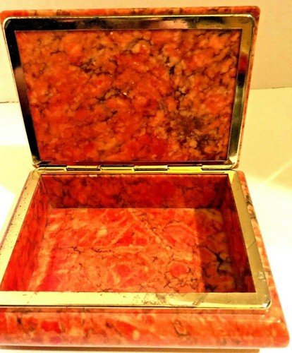 Natural Peachy Orange Stone Hinged Lid Box Gold Tone Trim 6 X 4 1/2" Trinkets - Picture 3 of 9