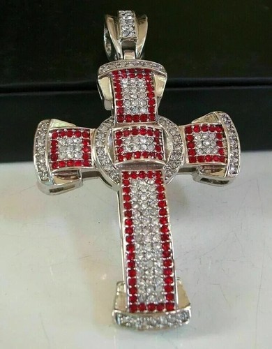 3.00Ct Round Cut Lab-Created Red Ruby Men's Cross Pendant 14K White Gold Plated - Picture 1 of 5