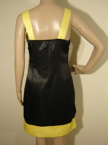 Kleid 4 Vintage Metallic Silber Schwarz Gelb Satin Deko Ärmellos Eckiger Ausschnitt - Bild 5 von 5