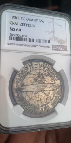 1930F Germany WEIMAR Republic 5 Mark Graf Zeppelin NGC MS60 UNC Rare Mint Mark - Picture 2 of 3