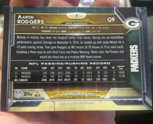 Aaron Rodgers 2015 Topps Chrome Karte #2 Green Bay Packers Soft & Hard Sleeved - Bild 4 von 6