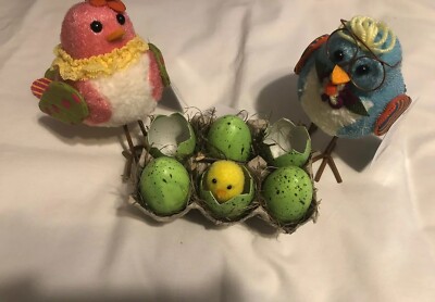 2019 Spring Easter TableTop Fabric BIRDS Decor Blue Pink Set + Egg Carton Chick