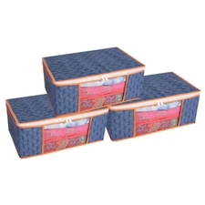 Printed Saree Cover Set of 3 Non-Woven Cloth Storage/Wardrobe Organize NavyBlue
