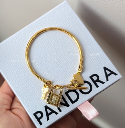 NEU 100 % echt PANDORA Gold P Vorhängeschloss und Schlüssel Hänger Bettelarmband Geschenkset - Bild 2 von 7