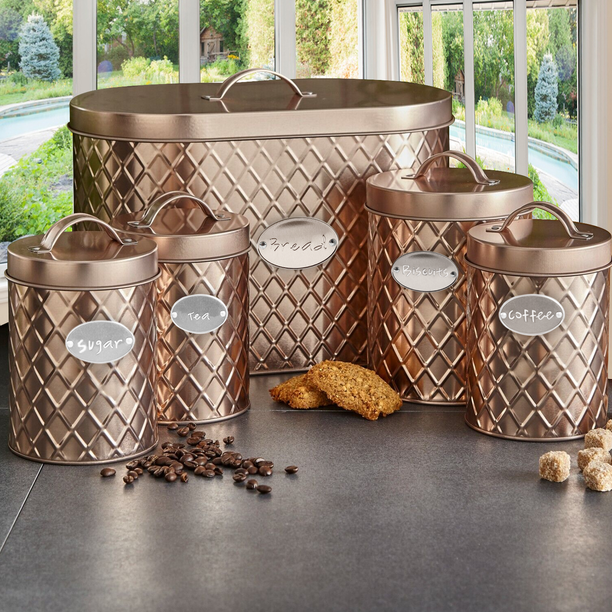 Bread Bin Rose Gold And White Tea Coffee Sugar Canisters Tower