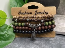 5 PC Handmade Boho Wood Bead Stackable 7  Plus Stretch Charm Bracelet Set B3399