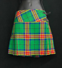 Vintage Y2K 2000s Scottish green plaid mini skirt low rise wool leather pin kilt