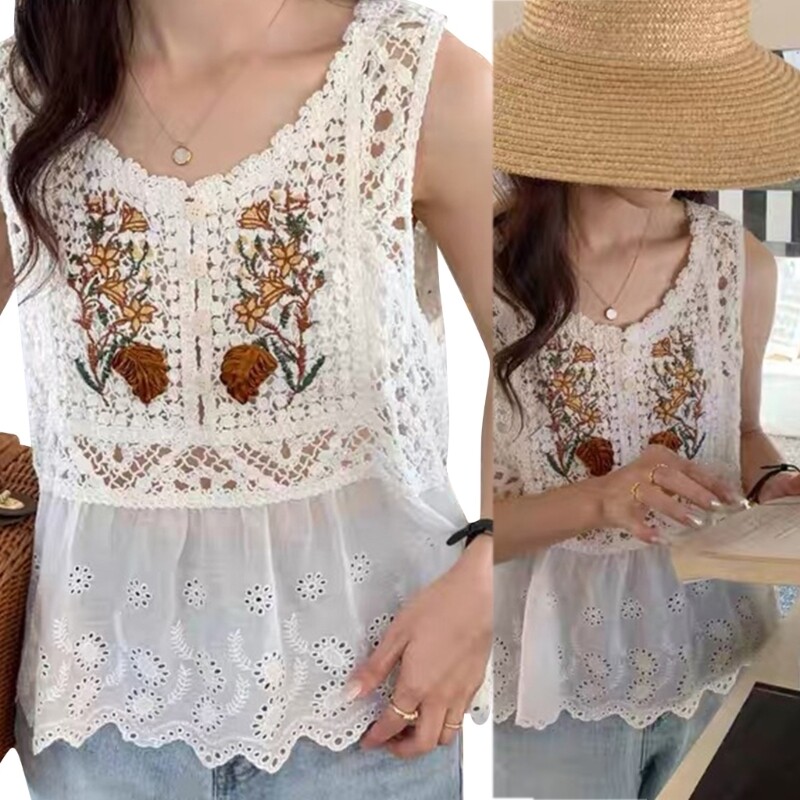 Girls Knit Vest Round Neck T Shirt Women Stitching Lace Hem Top for Taking Photo - Picture 2 of 10