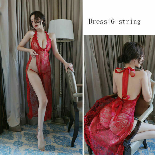 Sexy Dessous Damen durchsichtig Sissy langes Kleid Body Nachthemd Kleid Robe G-String - Bild 3 von 38